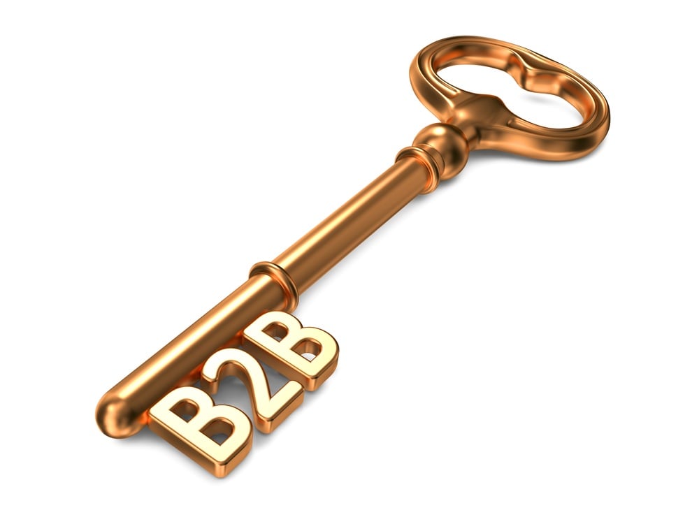 B2B - Golden Key on White Background. 3D Render. Business Concept.